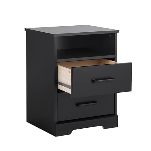 Prepac Rustic Ridge Farmhouse Nightstand Bedside Table, Black Nightstand for Bedroom, End Table with 2 Drawers and Open Shelf 16.25"D x 18.75"W x 24.5"H Prepac