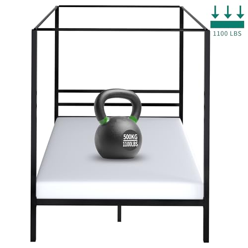 YITAHOME Canopy Bed Frame Queen Size Metal Four Posters 14 Inch Platform with Built-in Headboard Strong Metal Slat Mattress Support, No Box Spring Needed, Black