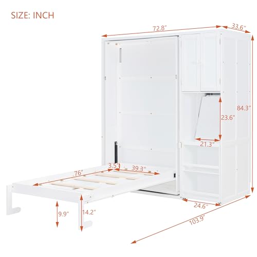 SOFTSEA Twin Size Murphy Bed with Desk, Bookshelf & Storage Cabinets, Space-Saving Foldable Wall Bed with Extendable Desk, White SOFTSEA