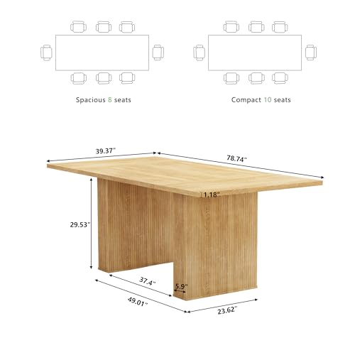78 Inch Rectangular Dining Table for 6 to 10, Farmhouse Fluted Dining Kitchen Table, Modern Wood Long Dining Table for Kitchen Living Room, Natural PHOYAL