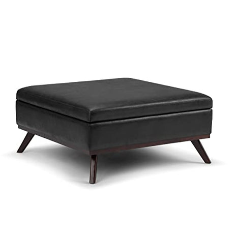 SIMPLIHOME Owen 36 Inch Wide Mid Century Modern Square Coffee Table Lift Top Storage Ottoman in Upholstered Distressed Black Faux Leather, For the Living Room SIMPLIHOME