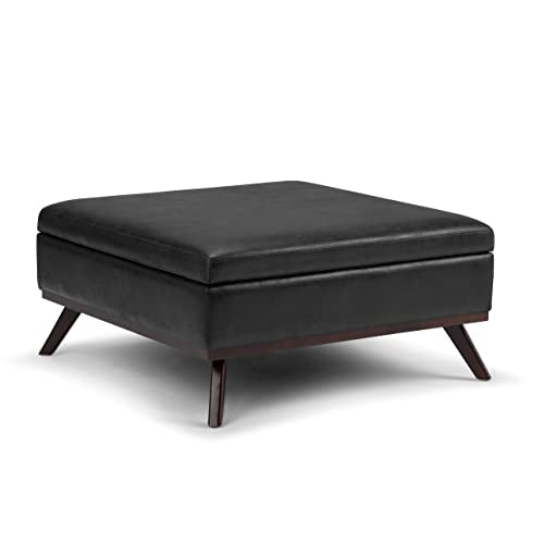 SIMPLIHOME Owen 36 Inch Wide Mid Century Modern Square Coffee Table Lift Top Storage Ottoman in Upholstered Distressed Black Faux Leather, For the Living Room - WoodArtSupply