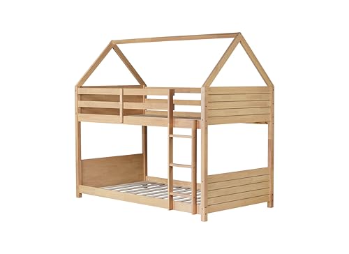 Ball & Cast Twin Over Twin House Bunk Bed for Kids,Rubber Wood Bunk Bed with Headboards, Footboards and Guardrails, Ladder,Twin Size House Shaped Bunk-Bed, No Box Spring Needed,White Oak Ball & Cast