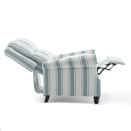 Qatiby Pushback Recliner Chair, Comfy Fabric Wingback Recliner Chair, Upholstered Armchair Push Back Recliner with Wood Legs, Rivet Trim Single Sofa Accent Chair for Living Room, Bedroom, Blue Stripe