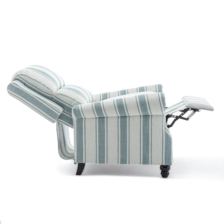 Qatiby Pushback Recliner Chair, Comfy Fabric Wingback Recliner Chair, Upholstered Armchair Push Back Recliner with Wood Legs, Rivet Trim Single Sofa Accent Chair for Living Room, Bedroom, Blue Stripe Qatiby