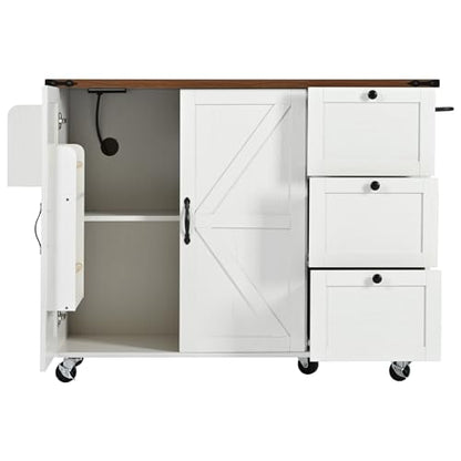 YOPTO Farmhouse Kitchen Island with Power Outlet,Kitchen Storage Island W/Internal Storage Rack,Drop Leaf,Spice Rack,Rolling Kitchen Cart on Wheels for Home,Kitchen and Dining Room,White,54.5"