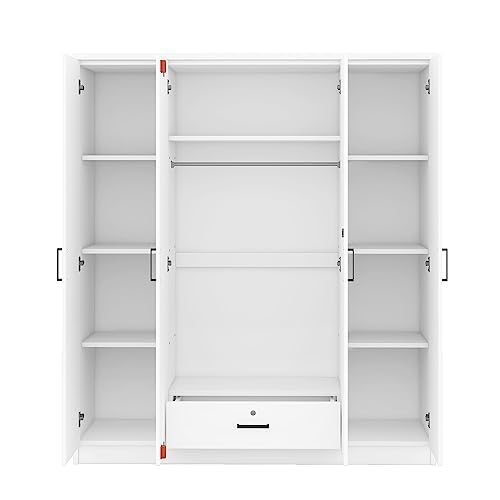 Merax 4 Door Wardrobe Cabinet Closet with Storage Drawers, Shelves and Hanging Rail for Clothes, Bedroom Organizer, White Merax