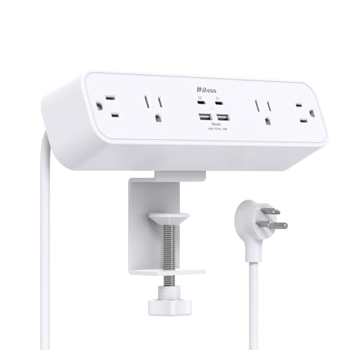 PD30W Desk Clamp Power Strip, Desktop Mount Surge Protector, Fast Charging Station, 5Ft Extension Cord Desk Edge Mount Shelf with 4 Outlets 4 USB Ports (2 USB C), Home Office Accessories Essentials Mifaso