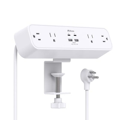 PD30W Desk Clamp Power Strip, Desktop Mount Surge Protector, Fast Charging Station, 5Ft Extension Cord Desk Edge Mount Shelf with 4 Outlets 4 USB Ports (2 USB C), Home Office Accessories Essentials