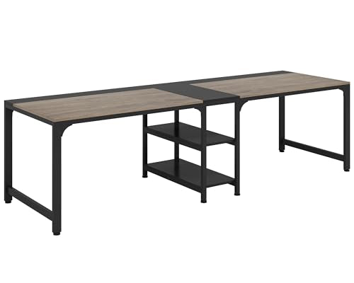 Tribesigns 90.55'' 2 Person Desk with Storage Shelves, Double Computer Desk with Spacious Desktop, Extra Long Study Writing Table Workstation for Home Office (Black & Gray) - WoodArtSupply