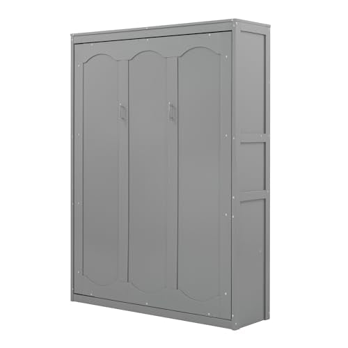 Ball & Cast Full Size Murphy Bed Wall Bed with Shelves and Mattress Holder,Wood Hideaway Cabinet Chest w/Slat Support,can be Folded,for Small Room,Dorms,Gray Ball & Cast