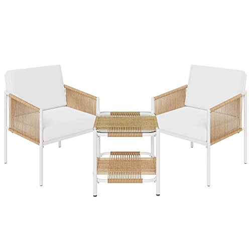 JAMFLY Outdoor Patio Furniture Set 3 Piece, Rattan Furniture Conversation Set, Small Wicker Patio Furniture Set for Porch, Backyard, Balcony with Soft Cushions and Glass Table JAMFLY