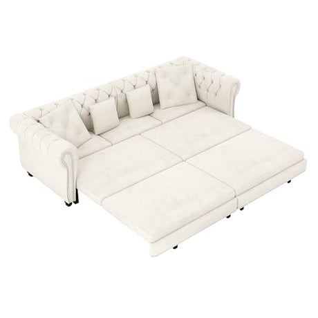 Tabaray 89'' Pull Out Sofa Bed King, Chesterfield Velvet Sleeper Sofa, Convertible L-Shaped Futon Couch, Tufted Back, 4 Pillows, Ottoman, Deep Seat Loveseat Couches for Living Room, Apartment, Beige Tabaray