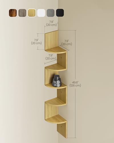 VASAGLE 5-Tier Natural Oak Corner Shelf - Modern Floating Bookshelf for Home and Office - WoodArtSupply