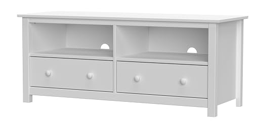 Handcrafted Solid Oak TV Stand Entertainment Center - Elegant White Media Console with Spacious Storage Drawers & Open Shelves - Sturdy Wood Cabinet Fits TVs up to 55 Inches From the Tree Furniture