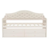 Merax Twin Daybed with Trundle and 2 Storage Drawers, Wooden Sofa Bed Twin Bed Frame with Upholstered Button Tufted Backrest for Living Room, Bedroom, Guest Room (Beige) Merax