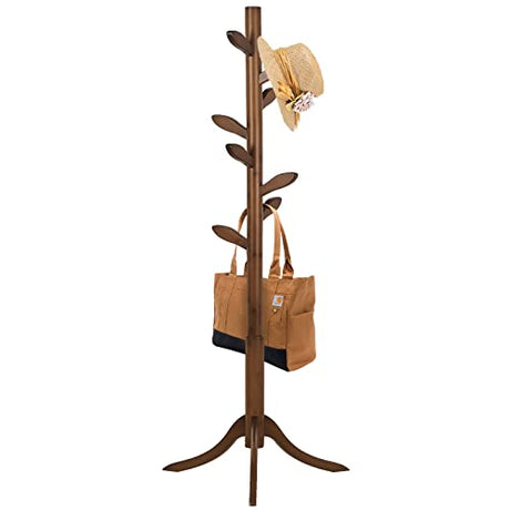 Coat Rack Freestanding Bamboo Coat Tree Rack with 8 Leaf Hooks, 3-Size Height Adjustable for Adults & Younger, Clothes Hanger Stand for Jacket, Hat, Entryway/Hallway/Corner/Bedroom (Vintage Brown) Bekrvio