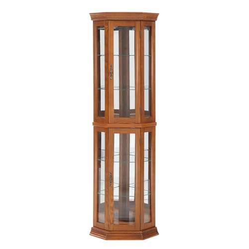 MONRAIN Lighted Curio Cabinet Corner Display Case for Living Room, China Hutch with Tempered Glass Doors and Shelves, Wooden Accent Cabinet, Bar and Liquor Storage Area - Flat bead (Oak) - WoodArtSupply