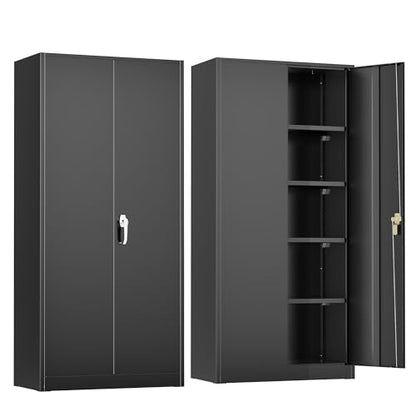 Greenvelly Metal Garage Storage Cabinet with 2 Doors and 4 Adjustable Shelves, 72" H Black Steel Lockable Storage Cabinet,Tall Metal Cabinet Locking File Cabinet for Office,Home, Garage, Gym, - WoodArtSupply