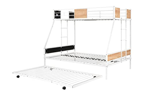 PVWIIK Twin Over Full Bunk Bed with Trundle,Heavy-Duty Sturdy Bedframe with Safety Guardrail & Ladder for Kids Boys Girls Teens,Space Saving Design & No Box Spring Needed,White PVWIIK