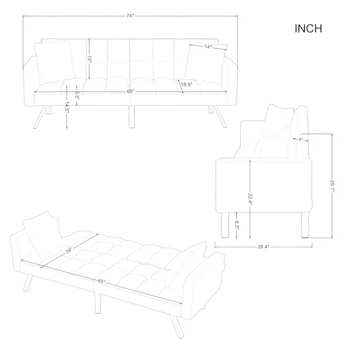 78" Modern Sofa Bed Futon,Convertible Sleeper Bed Couch with 4 Reclining Backrest,Comfy Velvet Cloud Sofa Loveseat for Living Room Bedroom Office (Grey) Anwick