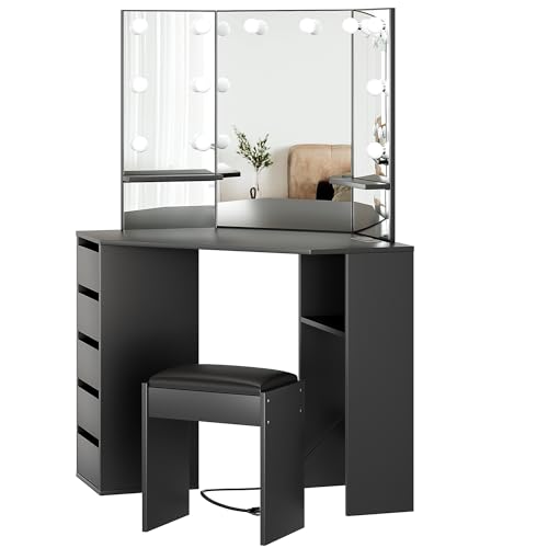 Garvee Corner Vanity Desk and Bench, Makeup Vanity Table with 3-Folding Lighted Mirrors, Charging Station, 5 Drawers for Bedroom Garvee