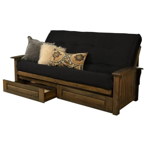 Kodiak Furniture Washington Queen Size Futon Frame with Storage Drawers - Wood Futon Frame with Mattress Included in Suede Black Color