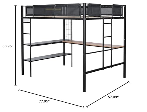 Adigyco Sturdy Metal Loft Bed with Built-in Desk, Shelves & Textilene Guardrails - Black - WoodArtSupply