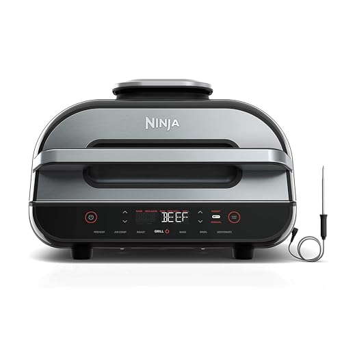 Ninja Indoor Grill, Foodi Smart XL 6-in-1 Indoor Grill with Air Fry, Roast, Bake, Broil & Dehydrate, Smart Thermometer, Black/Silver, FG551 Ninja
