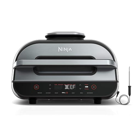 Ninja Indoor Grill, Foodi Smart XL 6-in-1 Indoor Grill with Air Fry, Roast, Bake, Broil & Dehydrate, Smart Thermometer, Black/Silver, FG551 Ninja