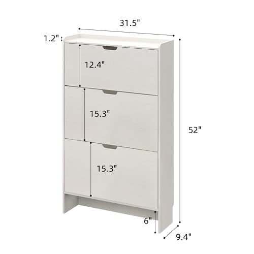 RIHHA 52" Tall Slim Shoe Cabinet, 3-Drawer Flip Down Hidden Shoe Storage with Top Fence & Open Bottom Shelf, Ultra-Thin Narrow Shoe Rack, White Wood Grain RIHHA