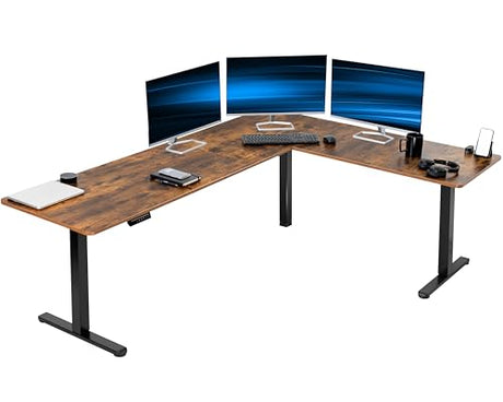 VIVO Corner Standing Desk, 84 x 63 inch Reversible L-Shaped Workstation, Electric Height Adjustment, Home, Office, and Reception Rooms, Rustic Vintage Brown Table Top Black Frame, DESK-E3CTBN-84 VIVO