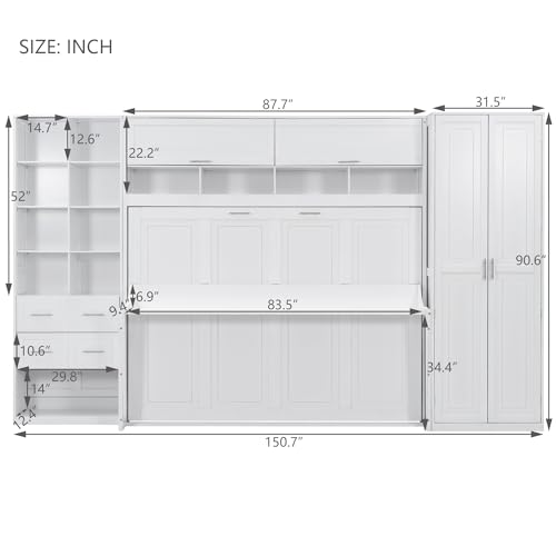 SOFTSEA Queen Size Horizontal Murphy Bed with Desk, Folding Murphy Bed Cabinet with Storage Wardrobe Drawers and Shelves, Hidden Wall Bed Frame for Guest Room, Bedroom, Office, White SOFTSEA