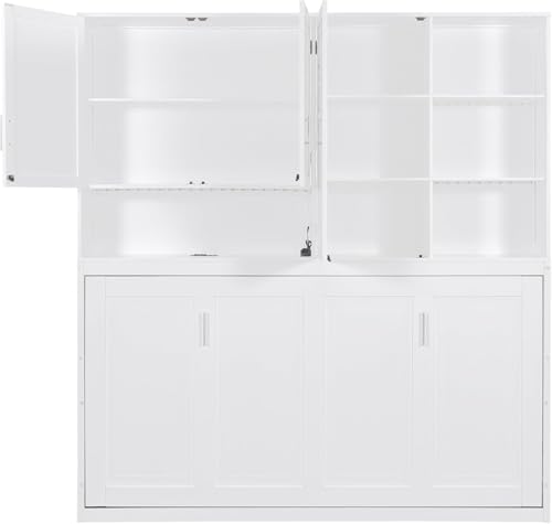 MERITLINE Twin Horizontal Murphy Bed with Storage Cabinet, LED Light and Charging Station,Wood Folding Murphy Wall Bed Cabinet with Bookcase and Shelves for Adult (White) MERITLINE