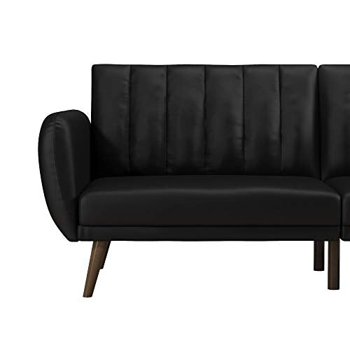 Novogratz Brittany 82 Inch Futon Sofa Bed in Faux Leather, Upholstered Couch Sleeper with Tufted Back, Mid-Century Modern, Black Novogratz