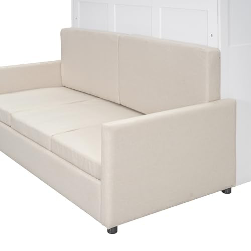 LZ LEISURE ZONE Queen Size Murphy Bed, Wooden Queen Murphy Wall Bed with Cushion and Sofa, for Home Office or Small Room, White LZ LEISURE ZONE