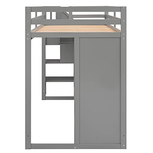 Ball & Cast Twin Size Loft Bed with 3 Shelves and 2 Wardrobes,Wooden Bedframe W/ 2 Drawers & Storage Ladder,Space Saving,Slat Support,Bedroom Furniture for Student Dorms,Guest Rooms,Gray Ball & Cast