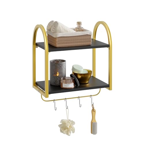 Bestier Black Floating Shelves for Wall, 2 Tier Black Shelves for Room Wall Decor with Towel Bar and Hooks, Gold Floating Shelves for Kitchen, Living Room, Bedroom, Bathroom, Classic Black - WoodArtSupply