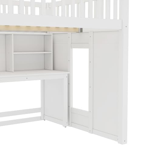 Bellemave Full Loft Bed with Stairs and Movable Desk and Shelves, Wood Loft Bed with Storage Stairs for Kids, Teens, Adults, White Bellemave
