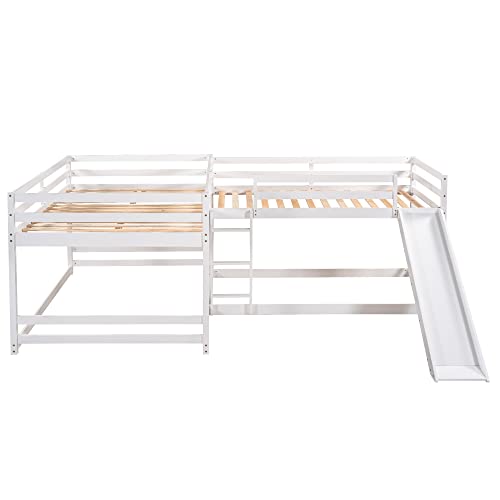 Merax Full and Twin Size L-Shaped Bunk Bed with Slide and Short Ladder,White Merax