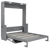 Merax Queen Size Murphy Bed with Small Storage Shelf(AS Desk), Wall Murpht Bed Cabinet Queen with Lights and USB Charging Station, No Box Spring Needed, Gray Merax