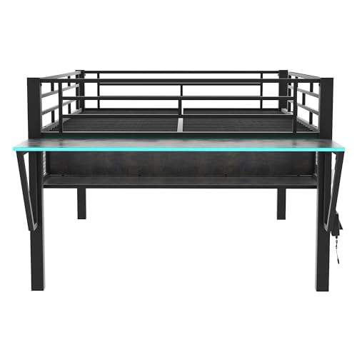 Bellemave Full Loft Bed with Desk, Gaming mid loft Bed with Desk, LED for Adults, Teens, Kids, Black Bellemave