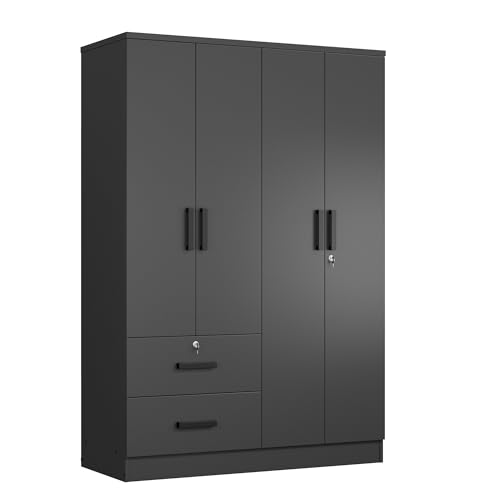 Woodpeckers Furniture And Mattress 4 Doors Wardrobe 2 Drawers with Shelves 72" high (Black) Woodpeckers Furniture And Mattress
