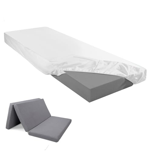 Breling Fitted Sheet (Sheet Only) Compatible with Milliard Trifold Mattress Folding Mattress Fitted Microfiber Bedsheet for Camp Bunk Rvs Bed(White,Single,4'') Breling