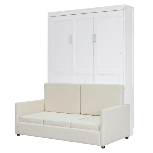 LZ LEISURE ZONE White Full Size Murphy Bed with Sofa - Space-Saving Wall Bed with Comfortable Cushion, Ideal for Home Office, Small Rooms, or Apartments LZ LEISURE ZONE
