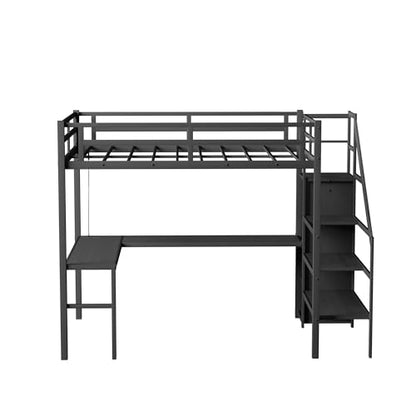 Full Size Black Loft Bed with Desk, Storage Stairs, Wardrobe, USB Charging Station, RGB LED Lights - WoodArtSupply