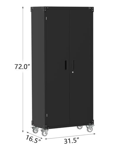 GarveeHome Metal Storage Cabinet with Wheels, Steel Tool Cabinet with Pegboard and 4 Adjustable Shelves, Lockable Rolling Garage Cabinet for Home, Garage, Office Organization (Deep Black) GarveeHome