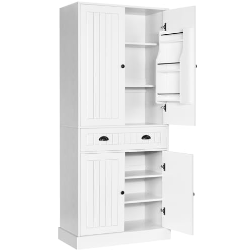 4 EVER WINNER Kitchen Pantry Storage Cabinet with 6 Door Shelves, 72" Tall Cupboard with 4 Adjustable Shelves and Large Drawers, Modern Food Pantry Cabinet for Kitchen, Dinning Living Room, White