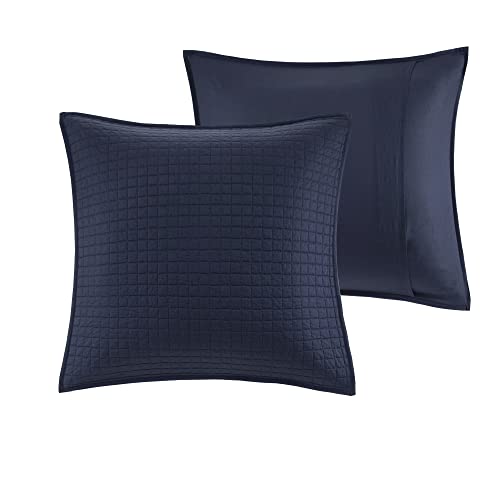 Intelligent Design Duvet Set 100% Cotton Jacquard, Tufts Accent, Shabby Chic All Season Cover for Comforter, Matching Shams, Decorative Pillows, Full/Queen (88 in x 92 in), Navy 7 Piece Intelligent Design