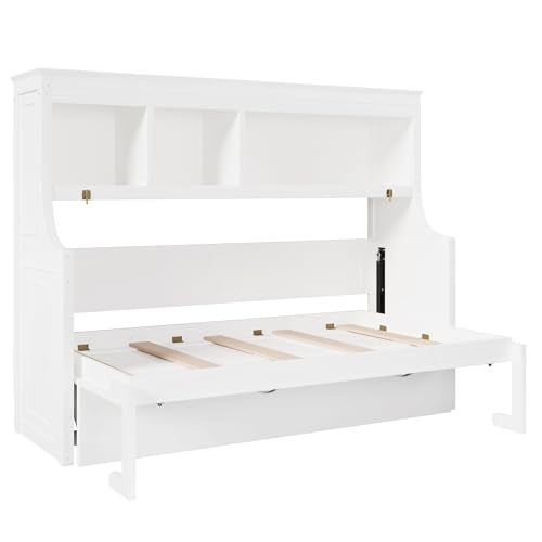 Fiorune Twin Size Horizontal Murphy Bed, Foldable Murphy Bed Cabinet with Desk and Storage Shelves, Space-Saving Hidden Wall Bed Frame for Small Spaces, Living Room, White Fiorune